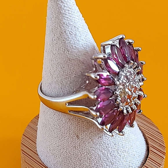Natural Rhodolite 6x3mm & Sapphire 925 Sterling Silver Sunflower Ring Sz 8 - Picture 5 of 10